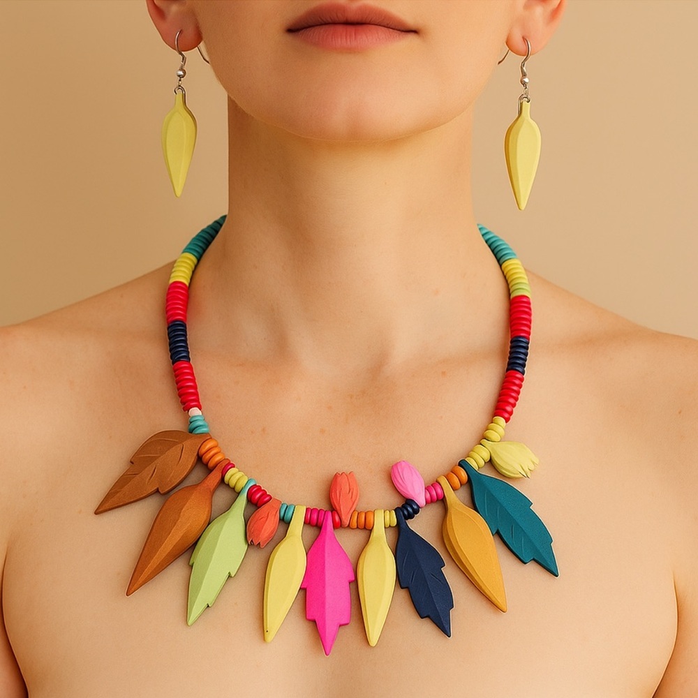Colorful Wooden Statement Leaf Pendant Necklace & Earrings